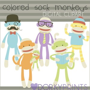 May include: Five sock monkey illustrations with different colors and accessories. The monkeys are wearing a bow tie, glasses, a purple tie, a blue shirt, and a yellow and white striped shirt. The text "colored sock monkeys DIGITAL CLIPART" is at the top of the image. The text "DORKYPRINTS" is at the bottom of the image.