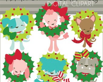Weihnachten Clipart Kranz Hunde - persönliche und begrenzte kommerzielle Nutzung - Welpen Urlaub digitale Clipart