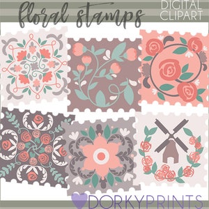 Floral Stamps Clipart -Personal and Limited Commercial Use- Roses, Tulips, Windmill Stamp Clip art