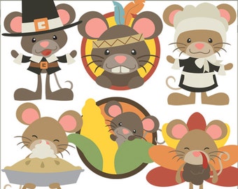 May include: Digital clipart featuring cartoon mice in Thanksgiving-themed costumes. One mouse wears a pilgrim hat, another a Native American headdress, and a third a chef's hat. Other mice are shown with pie, corn, and turkey. The text "MOUSE THANKSGIVING" is at the top.