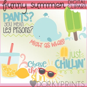Puede incluir: Un conjunto de clipart digital con temática de verano. El conjunto incluye una ballena con el texto "Might as whale", una paleta de hielo con el texto "Just Chillin", un vaso de limonada con una rodaja de limón y un sol con gafas de sol con el texto "Chase the sun".