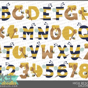 Cute Honey Bee Alphabet Clipart -PNG Art- Descarga instantánea - Números, Letras, Fuente