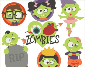 May include: A set of digital clipart images featuring cute cartoon zombies with different expressions and accessories. The images include a zombie with glasses, a zombie with a crown, a zombie holding a tombstone, a zombie holding a pumpkin bucket, a zombie ballerina, and a zombie with a heart and eye. The text "Zombies" is also included in the image.