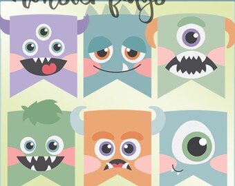 May include: Six colorful monster flag banners with different expressions. The flags are in a row, with the top row having three flags and the bottom row having three flags. The flags are all different colors and have different monster faces on them. The text "monster flags" is at the top of the image, and the text "DIGITAL CLIPART" is at the top right of the image. The text "DORKYPRINTS" is at the bottom of the image.