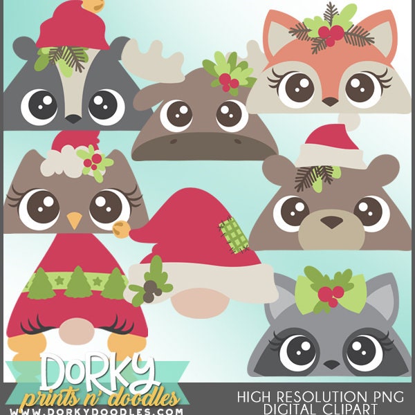 Peeking Animal Christmas Clipart -Personal and Limited Commercial Use- Skunk, Owl, Gnome, Moose, Fox Clip Art