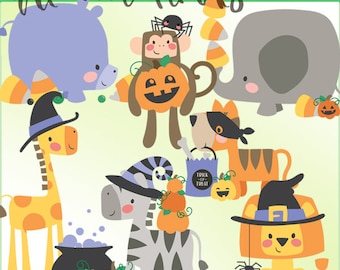 May include: Digital clipart featuring various Halloween animals, including a giraffe, zebra, lion, and monkey, all adorned with witch hats and pumpkins. The phrase "Halloween Animals" is written in green cursive.