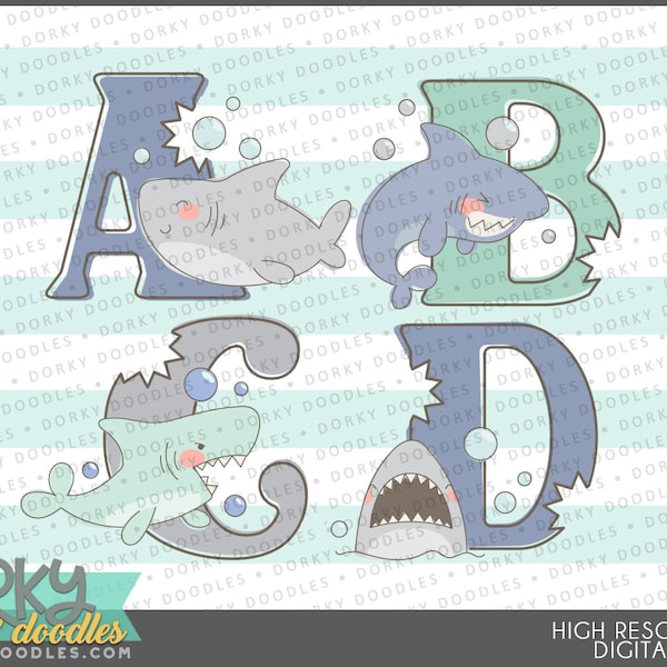 Shark Alphabet Clipart -PNG Art- Instant Download - Numbers, Letters, Font