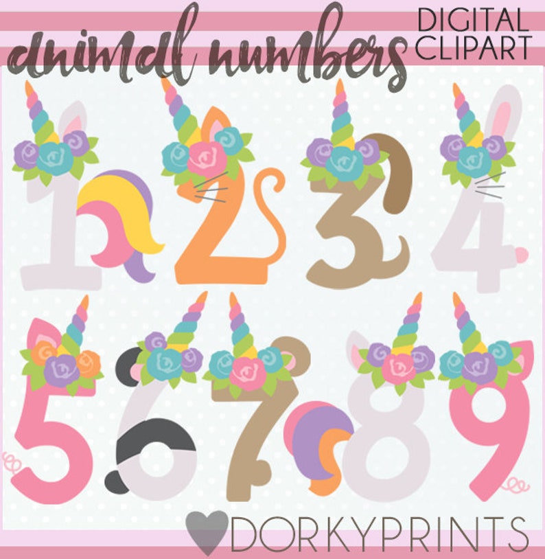 Unicorn Animal Numbers Clipart Set Personal and Limited Commercial Use Cute Number Clipart