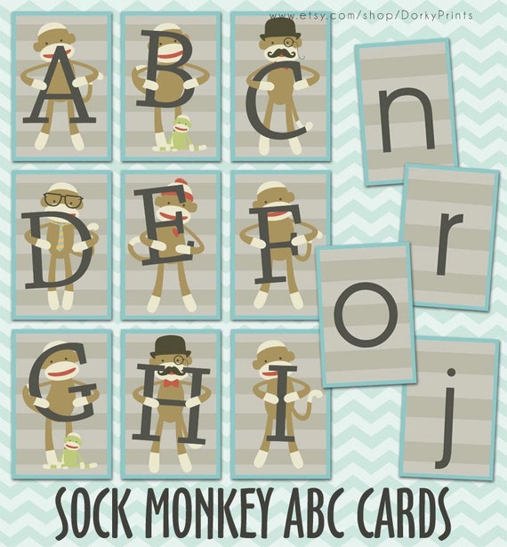 Sock Monkey Printable Alphabet Cards PDF -  kindergarten printables - preschool printables - ABCs