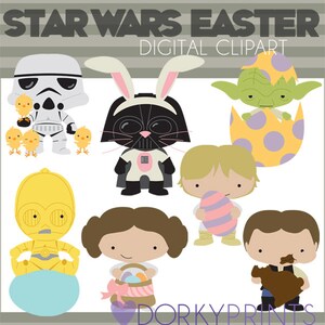 May include: A set of digital clipart featuring Star Wars characters in an Easter theme. The characters include Darth Vader as a bunny, Yoda in an Easter egg, Princess Leia, Han Solo, C-3PO, and a Stormtrooper. The clipart is perfect for creating Easter cards, invitations, or decorations.