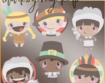 Thanksgiving Cuties Clipart -Personal and Limited Commercial Use- Kawaii Thanksgiving Kids Clip Art