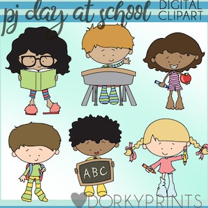 May include: Clip art set of six children wearing pyjamas and slippers at school. The children are holding books, pencils, an apple, and a chalkboard with the letters ABC. The background is a light blue colour.