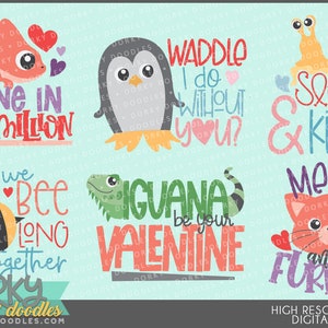 Animal Puns Valentine Clipart -Personal and Limited Commercial Use- chameleon, penguin, slug, bee, iguana, cat, valentine wordart