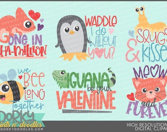 Animal Puns Valentine Clipart -Personal and Limited Commercial Use- chameleon, penguin, slug, bee, iguana, cat, valentine wordart