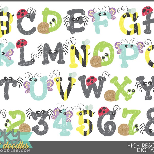 Cute Bug Alphabet Clipart -Personal and Limited Commercial Use- Fun letters and numbers Clipart