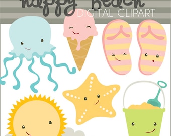 Beach Clipart Set  -Personal and Limited Commercial Use- Kawaii Beach Clip art, flip flops, sand bucket, octopus, ice cream
