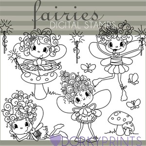 Fairy Clipart -Personal and Limited Commercial- Cute Fairy and Toadstool  Black Line Art