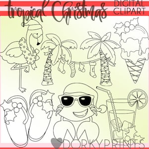 Tropical Christmas Clipart -Personal and Limited Commercial Use- Flamingo, Palm Trees, and Crab blackline clip art