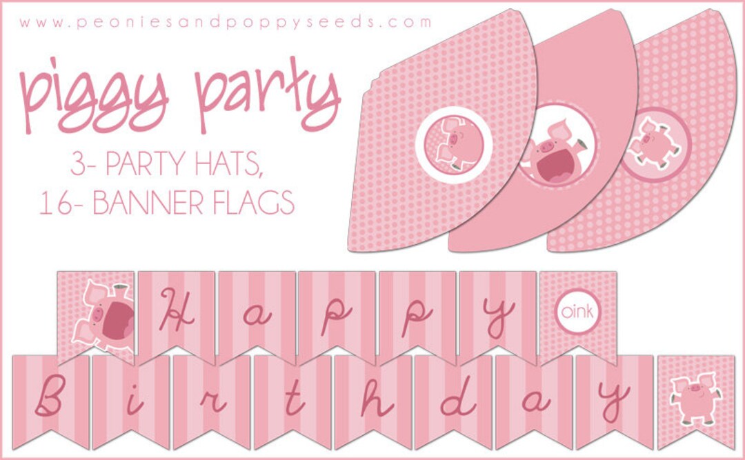 Pig Party Hats and Banner Printable PDF - Printable Party Supplies ...