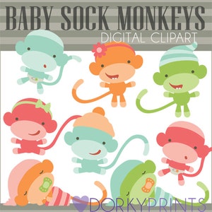 Baby Sock Monkey Clipart Set -Personal and Limited Commercial Use- pink, blue, monkey babies clipart, sock monkey clip art