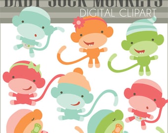 Baby Sock Monkey Clipart Set -Personal and Limited Commercial Use- pink, blue, monkey babies clipart, sock monkey clip art