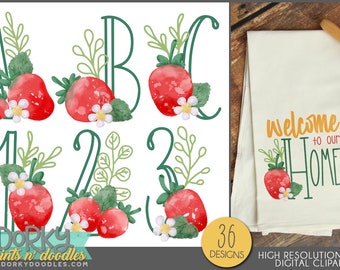 Watercolor Strawberry Alphabet Clipart -Personal and Limited Commercial Use- Fun letters and numbers Clipart