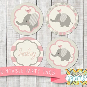 Pink Elephant Baby Shower Printable Circle Tags PDF - Printable Party ...