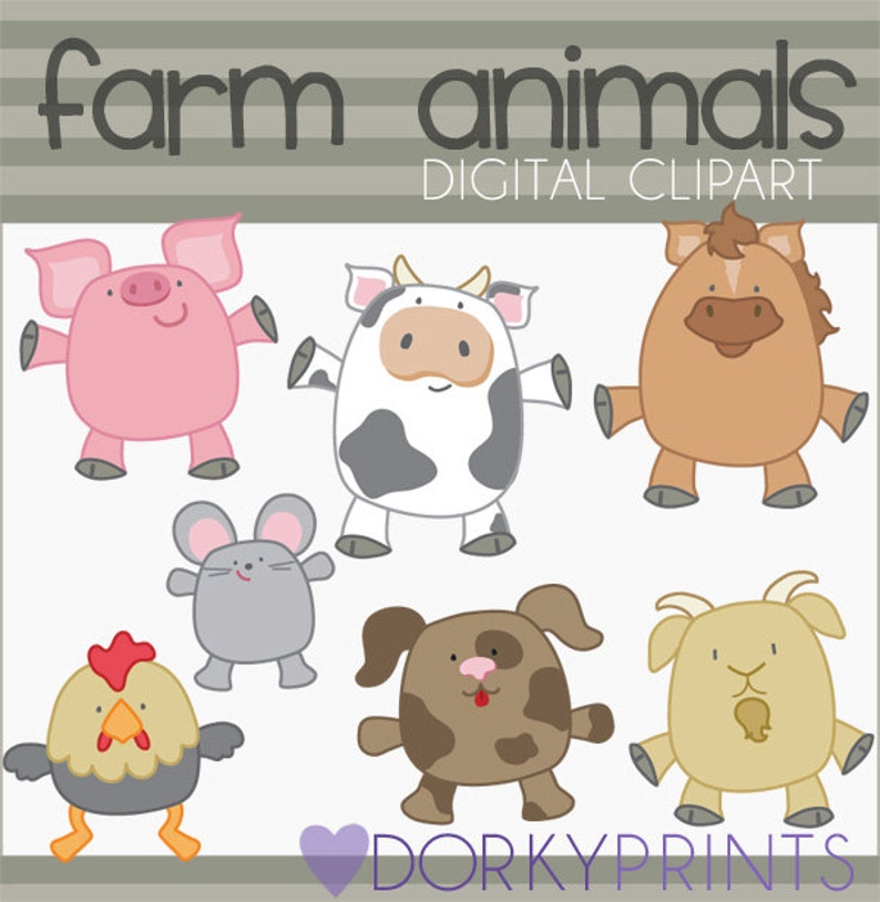 May include: A set of digital clipart images featuring farm animals. The animals are illustrated in a cartoon style and include a pig, cow, horse, mouse, dog, goat, and a rooster. The images are in a white background with the text "farm animals digital clipart" at the top.