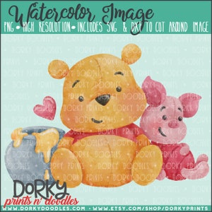 May include: Watercolor illustration of Winnie the Pooh and Piglet. Pooh is holding a pot of honey and Piglet is sitting next to him. The background is a light blue with white polka dots. The text "Dorky prints n' doodles" is at the bottom of the image.