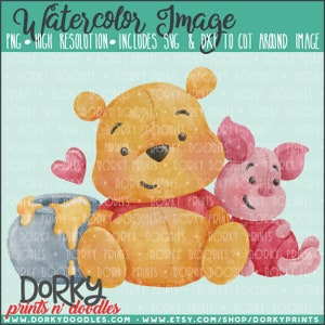 Honey Bear and Piglet Watercolor PNG Artwork - Digital File - for heat press, planners, cookies, and crafts