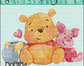 Honey Bear and Piglet Watercolor PNG Artwork - Digital File - for heat press, planners, cookies, and crafts