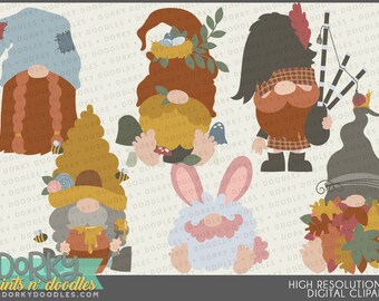 以下が含まれることがあります： 秋のテーマの異なる10人のノームのデジタルクリップアートセット。ノームは帽子、スカーフ、その他のアクセサリーを着用しています。一部のノームは、蜂の巣、葉の袋、バグパイプなどの物を持っています。ノームはみんな笑顔で、頬は赤らんでいます。