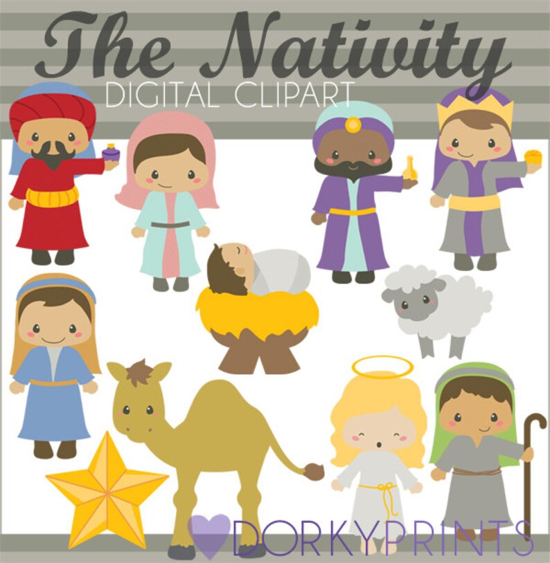 May include: A set of digital clipart images depicting the Nativity scene. The images include a baby Jesus in a manger, Mary, Joseph, three wise men, a camel, a sheep, a star, and an angel. The images are in a cartoon style and are perfect for creating Christmas crafts, cards, and other projects.