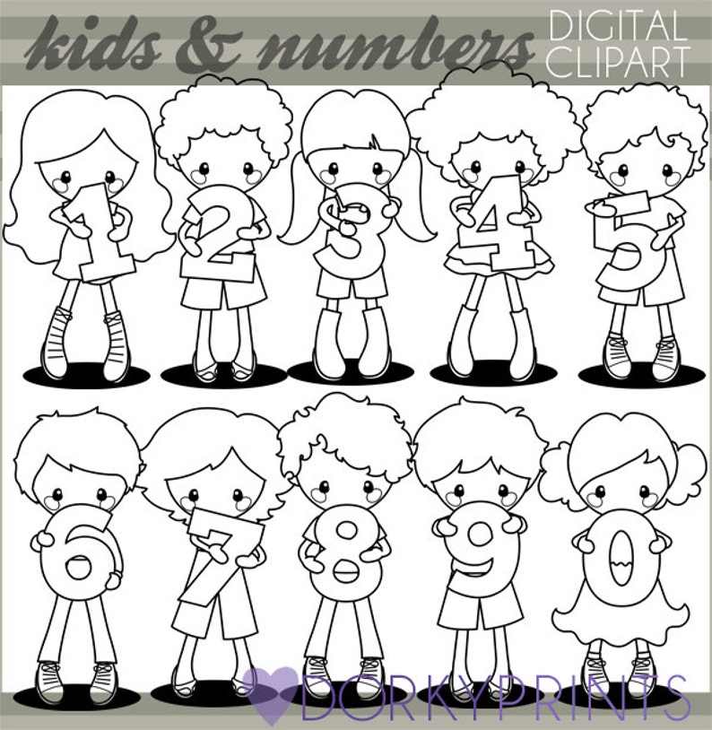 Number Clipart Personal and Limited Commercial Use Kids holding numbers for school blackline clip art image 1