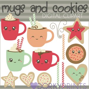 Mugs and Cookies Clipart -Personal and Limited Commercial Use- Kawaii clip art, peach, coral, seafoam green