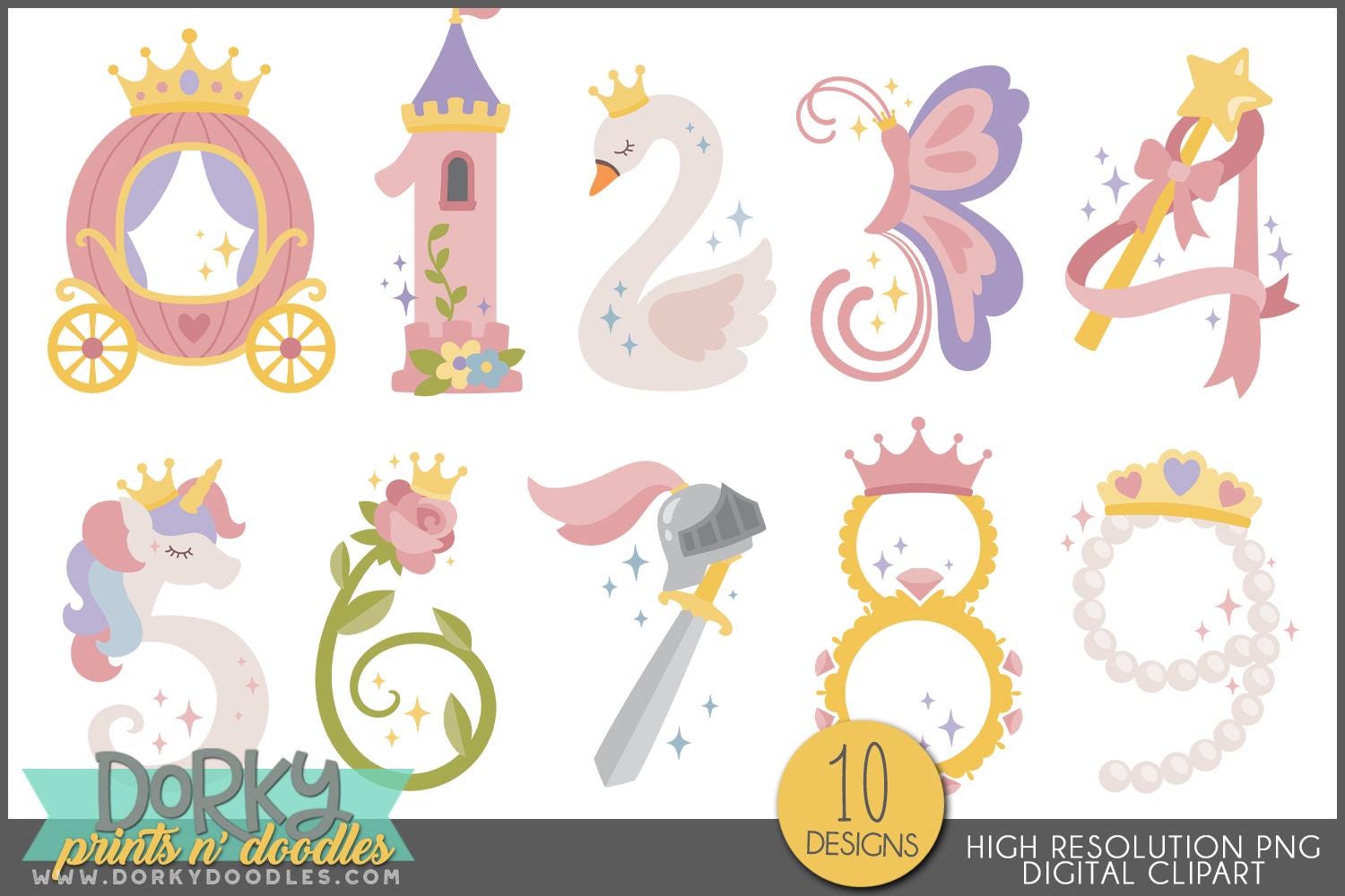 Princess Number Clipart PNG Bundle | Fairytale Birthday Numbers 0–9 ...