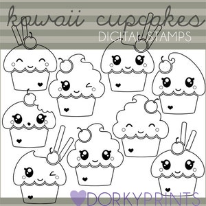 Kawaii Cupcakes Clipart -Personal and Limited Commercial- Cute Cupcake Black Line Art