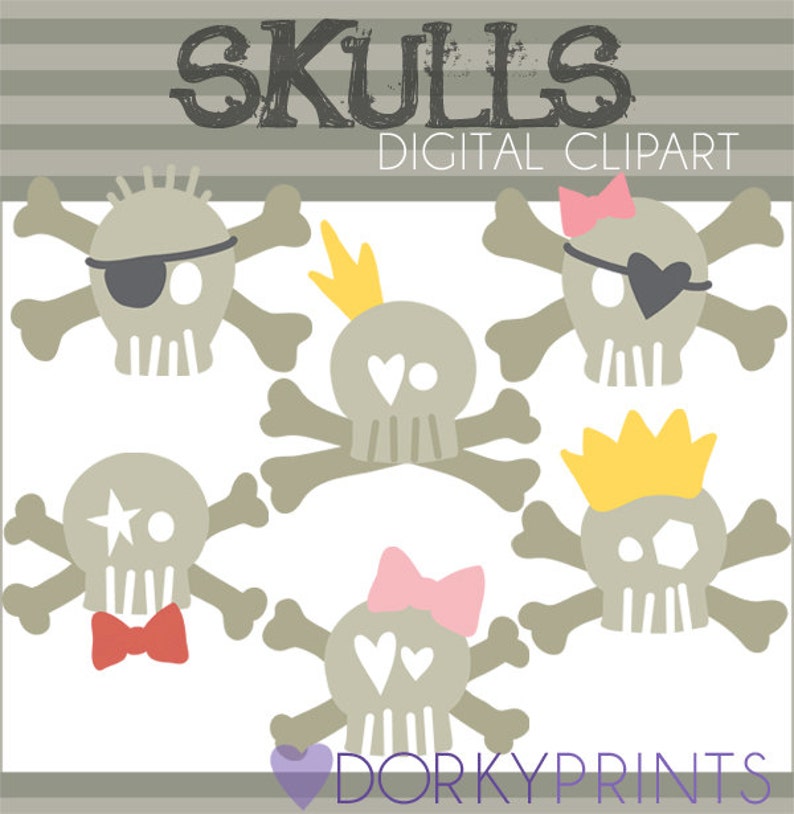 Whimsical Skulls Clipart Set for Sublimation, Sticker Design, Sugar Cookies, Classroom Projects, Craft, Party Decor, Digital Download image 1