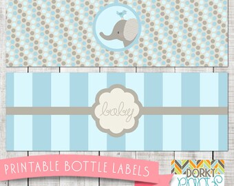 Blue Elephant Baby Shower Printable Bottle Labels PDF - Printable Party Supplies - BabyBoy Elephant Shower