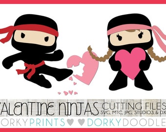 Valentine Cuttable Files, Girl and Boy Heart Ninjas -For Cutting Machines - svg, mtc, jpg, studio 3, and dxf files, Ninja SVG