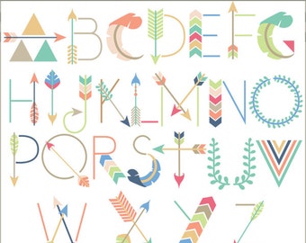 May include: A colorful alphabet with each letter formed using an arrow design. The arrows are decorated with geometric patterns and colors like blue, green, yellow, pink, and orange. The letters are arranged in two rows, with the first row containing letters A through G and the second row containing letters H through Z. The word "DORKYPRINTS" is at the bottom of the image.