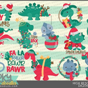 Christmas Dinosaurs Clipart -Personal and Limited Commercial Use- Farmhouse Holiday Art for Sublimation, Cookies, and Stickers