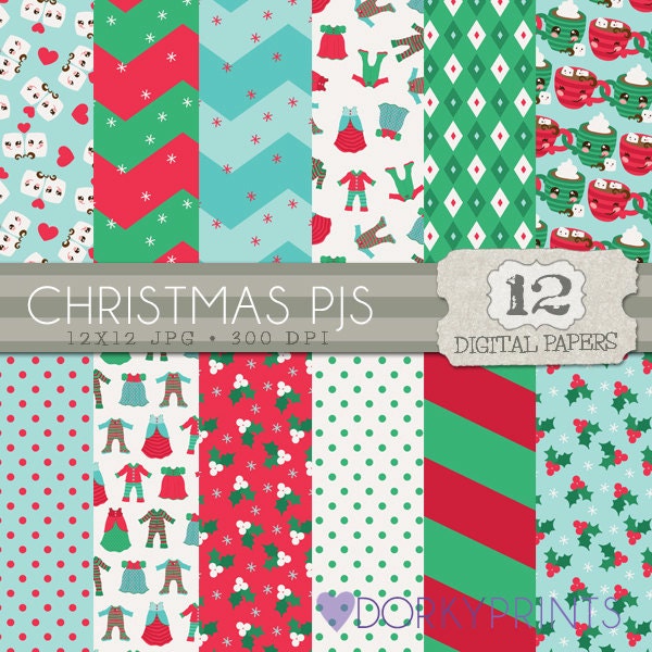 Christmas Paper Pack, Cute Christmas Pajamas Digital Scrapbook Paper - Christmas Pjs Papers