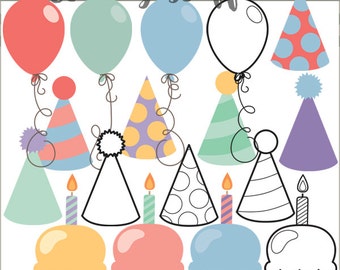 Birthday Clipart -Personal and Limited Commercial Use- Birthday Balloons, Cupcakes, Party Hats Clip Art