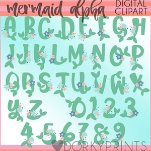 Mermaid Clipart Alphabet and Numbers -Personal and Limited Commercial Use- Mermaid Tails Font Clip Art