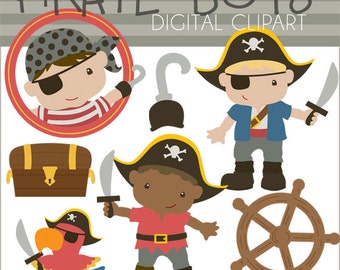 May include: A digital clipart set featuring five illustrations of pirate boys. The set includes a pirate boy with a red and white striped shirt, a pirate boy with a blue shirt, a pirate boy with a red shirt, a parrot, and a ship's wheel. The text "Pirate Boys Digital Clipart" is at the top of the image.