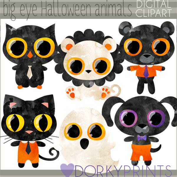Big Eye Halloween Animals Clipart Set for Sublimation, Sticker Design, Sugar Cookies, Classrooms, Craft, Party Decor, Digital Download