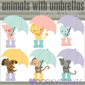 May include: Six cartoon animals holding umbrellas. A pig, lion, bird, dog, monkey, and cat are all wearing rain boots. The animals are in a white background with the text "animals with umbrellas" and "DIGITAL CLIPART" at the top.