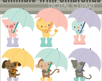 Spring Clipart Set Animals with Umbrellas -Personal and Limited Commercial Use- Dog, Cat, Monkey, Bird Clipart