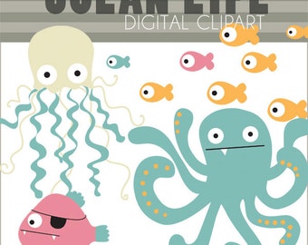 Ocean Clipart -Personal and Limited Commercial Use- Octopus, Jellyfish, School of Fish, Ocean Clipart
